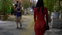 Red transparent dress in public